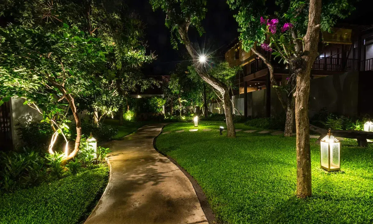 Chemin sinueux éclairé par des lanternes, la température de la lumière crée une ambiance chaleureuse dans ce jardin luxuriant la nuit.