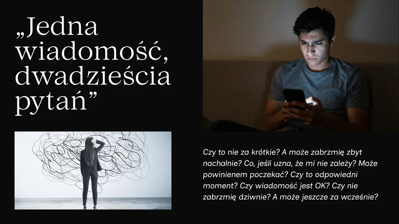 Nadmierne analizowanie, czyli overthinking co to. Młody mężczyzna zmartwiony patrzy na telefon, a kobieta zdezorientowana przed labiryntem myśli.