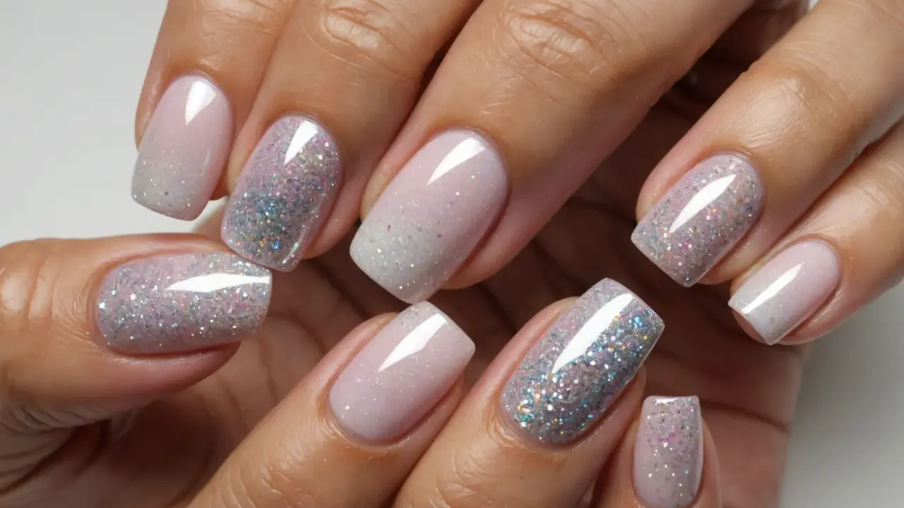 Eleganckie french paznokcie z brokatowym ombre. Delikatny róż przechodzi w srebrzysty blask, tworząc efektowny manicure.