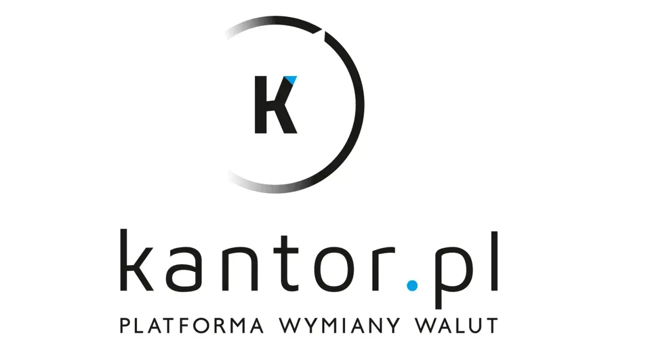 Logo kantor.pl, platformy wymiany walut. Litera K w okręgu, poniżej nazwa strony i hasło.