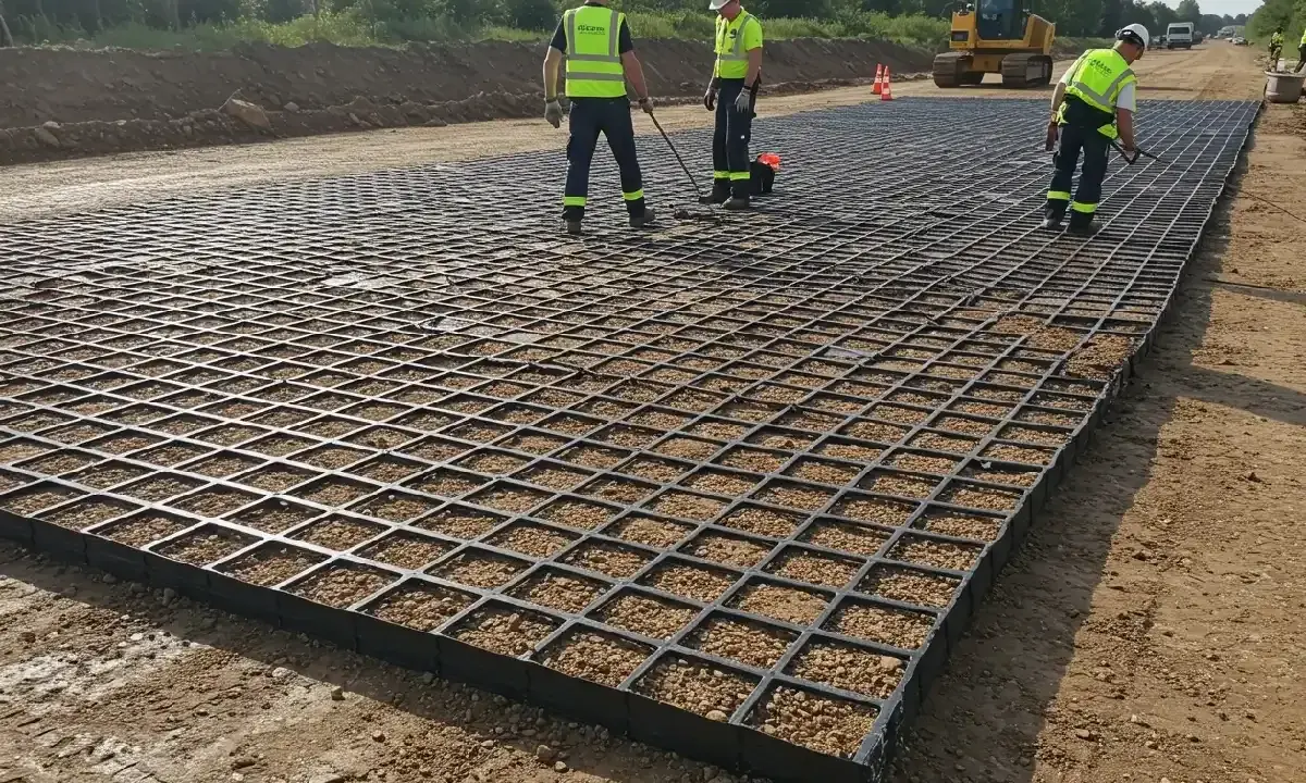 Trabajadores instalan una geomalla de refuerzo sobre grava para estabilizar el terreno en una obra.