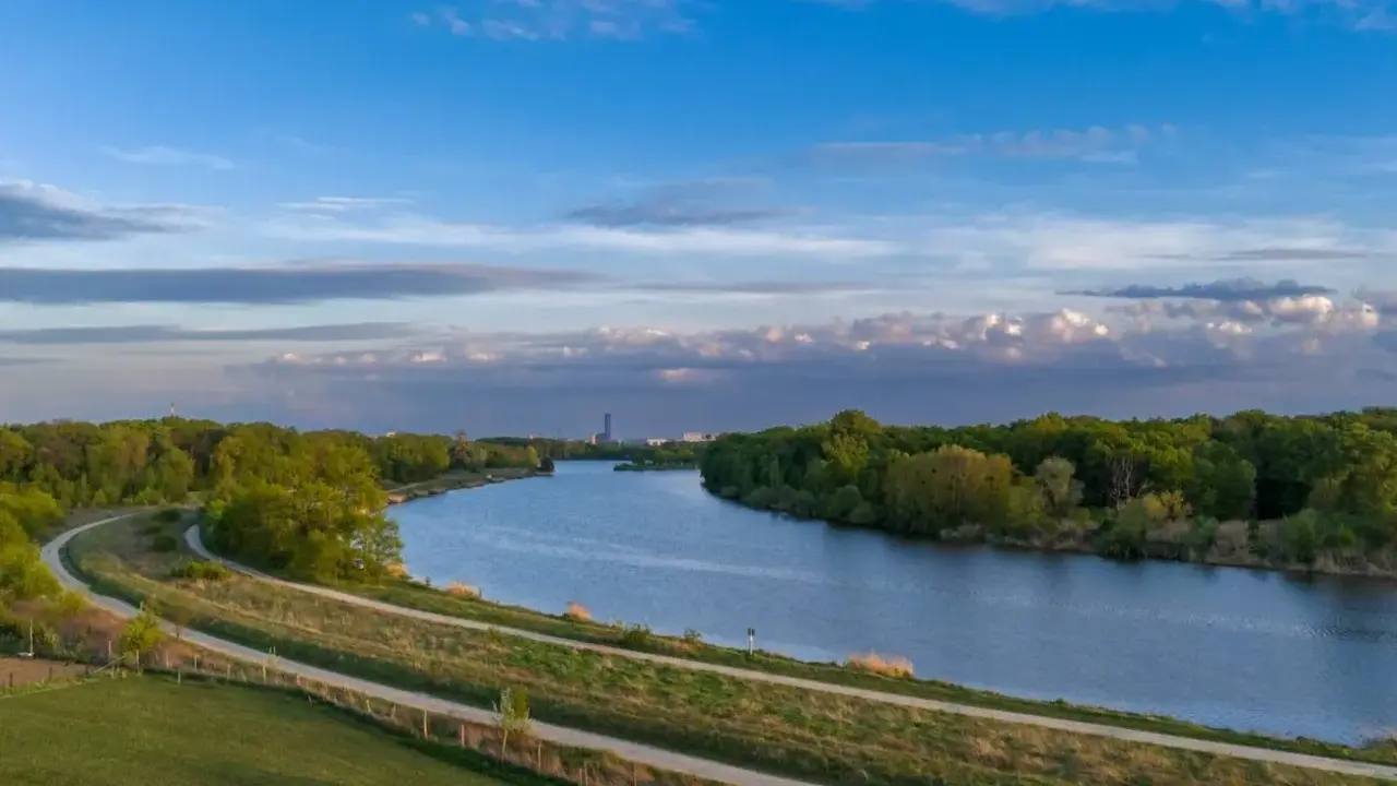 Wisła, jaka rzeka płynie przez Kraków, meandruje wśród zieleni. W oddali widać miejską panoramę.