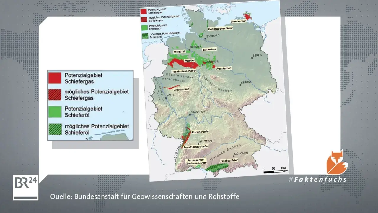 Karte zeigt potenzielle Gebiete für den Abbau von Erdgas (Schiefergas) und Schieferöl in Deutschland.