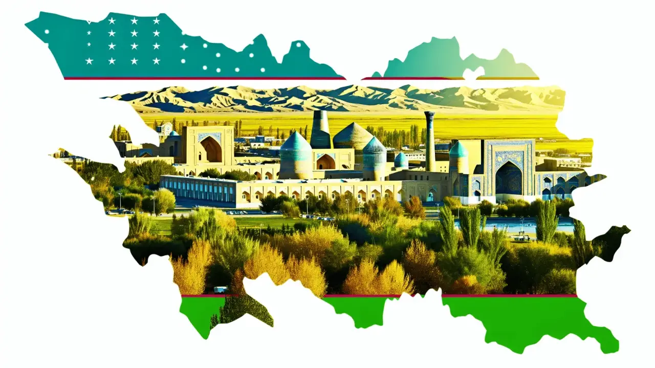 Mapa Uzbekistanu z widokiem na zabytkowe budowle i krajobraz.