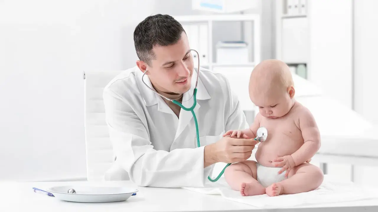 Pediatra bada prawidłową klatkę piersiową u dziecka stetoskopem.