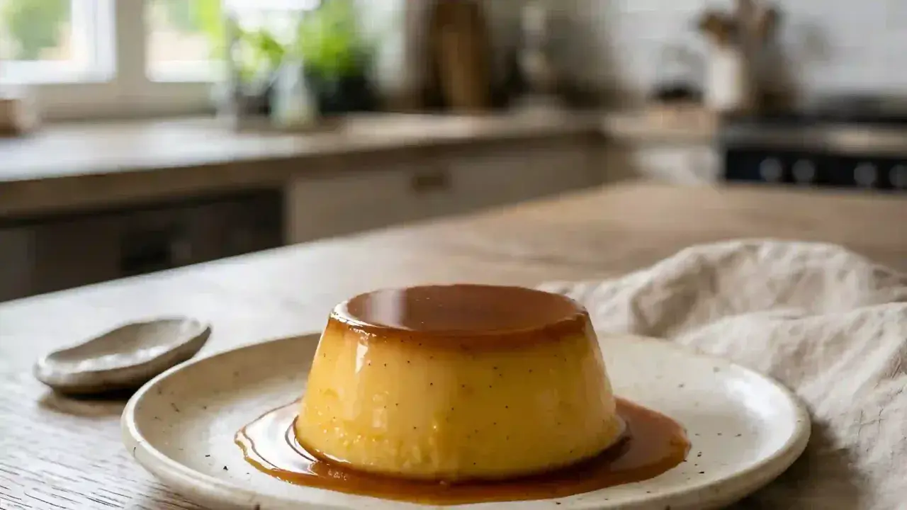 Un délicieux flan aux œufs, nappé de caramel, repose sur une assiette en céramique. Un petit ramequin vide est à côté.