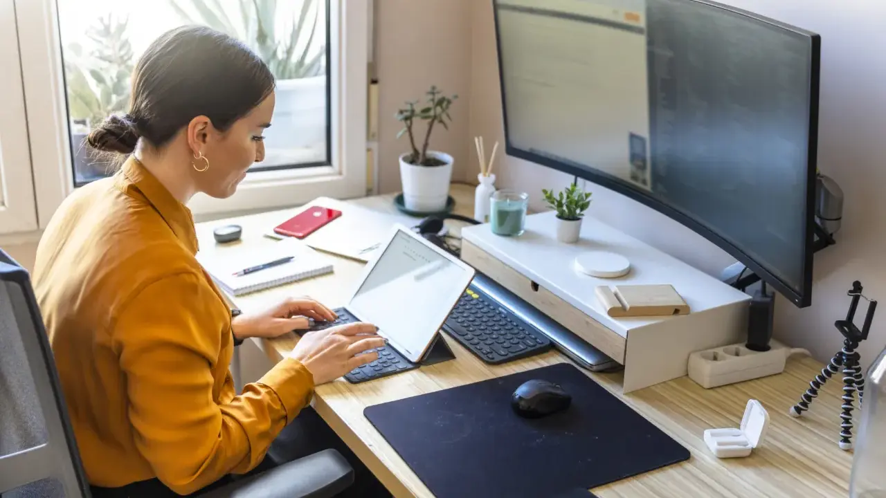 Mujer trabajando en un escritorio ordenado, con portátil, monitor curvo y plantas. Un ejemplo de como organizar tu escritorio para ser productivo.