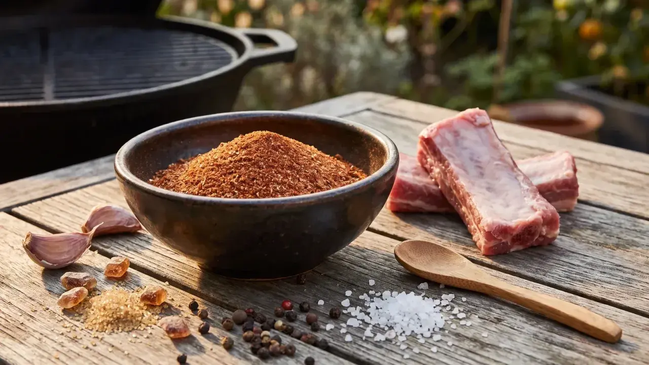 Zutaten für ein köstliches BBQ Rub Rezept: Rippchen, Gewürzmischung in einer Schale, Knoblauch, Zucker, Salz und Pfefferkörner auf einem Holztisch.