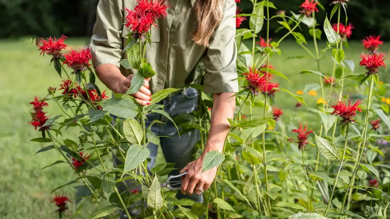 A gardener trims bright red bee balm, a beautiful perennial, in a lush garden.