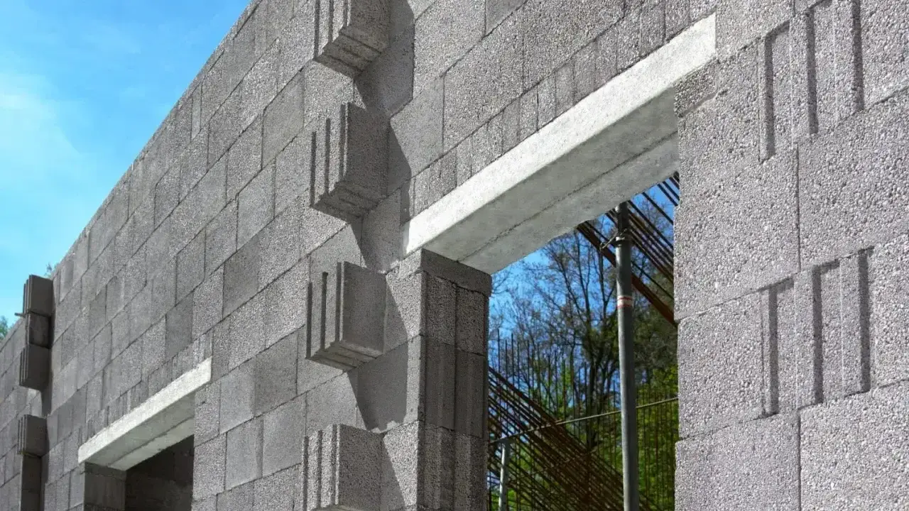Ściana z bloczków betonowych, widoczny betonowy nadproże nad otworem okiennym. W tle zbrojenie i drzewa.
