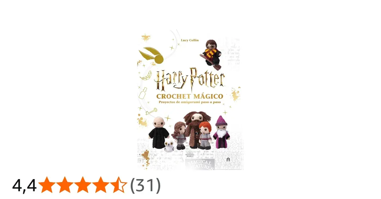 Libro "Harry Potter Crochet Mágico" con amigurumis de personajes como Hagrid, Harry y Dumbledore.