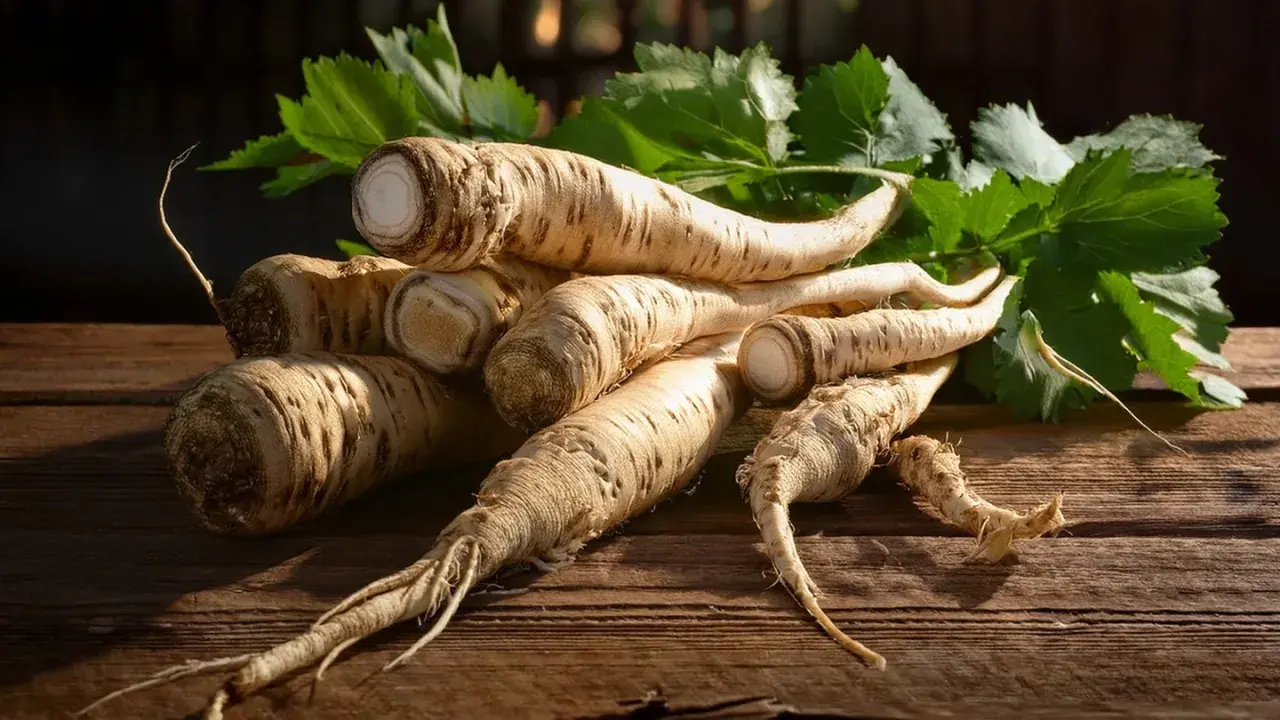 Frische Petersilienwurzeln auf Holz. Ist Meerrettich gesund? Ja, diese Wurzeln sind voller Vitamine und gut für dich!