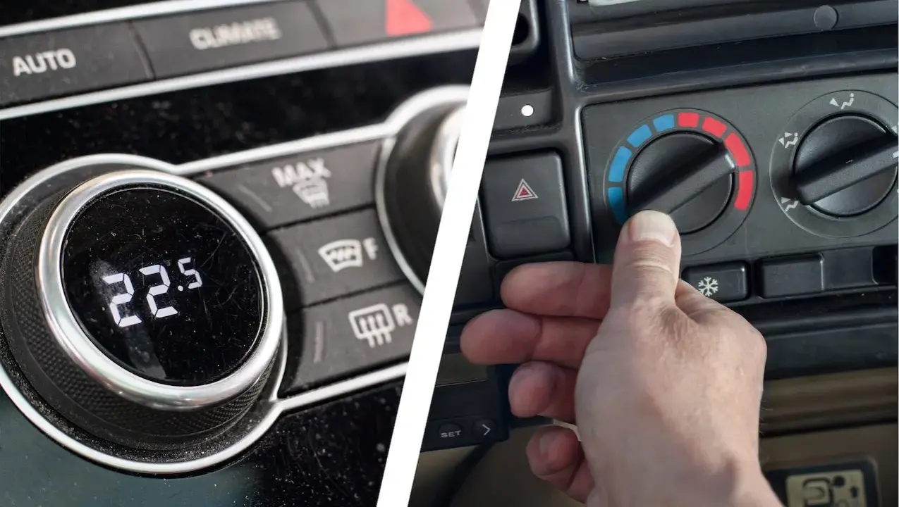 Panel de control de un coche mostrando la diferencia entre climatizador y aire acondicionado. Uno muestra 22.5°C, el otro una mano ajustando la temperatura.