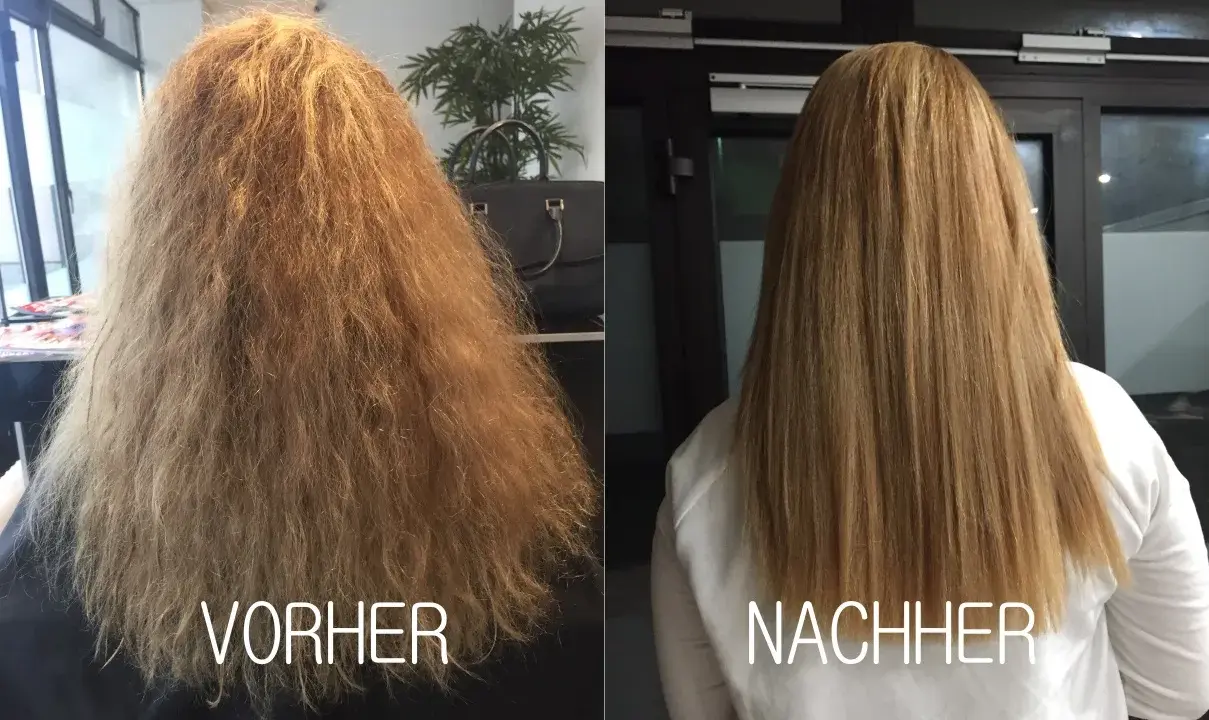 Vorher: krauses, trockenes Haar. Nachher: glattes, gesund aussehendes Haar dank Keratin-Glättung.