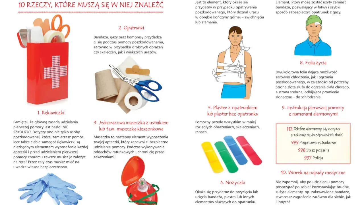 Apteczka pierwszej pomocy dla dzieci: rękawiczki, bandaże, maseczka, chusta trójkątna, plastry, nożyczki, folia życia, instrukcja.