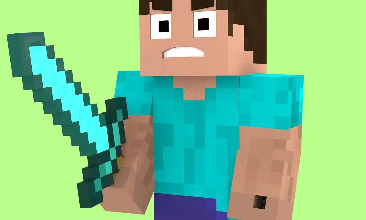 Steve z Minecrafta z diamentowym mieczem, gotowy do tworzenia skina.