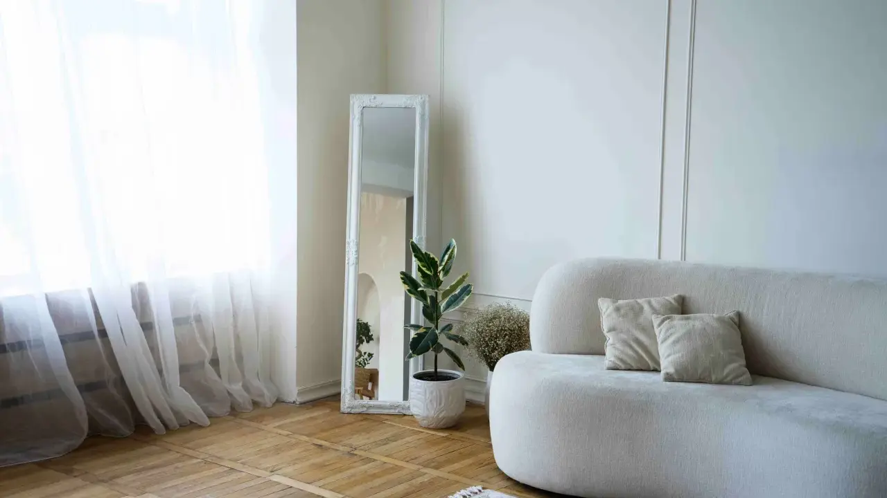 Elegante decoracion salon pequeño con sofá curvo, espejo antiguo y planta.