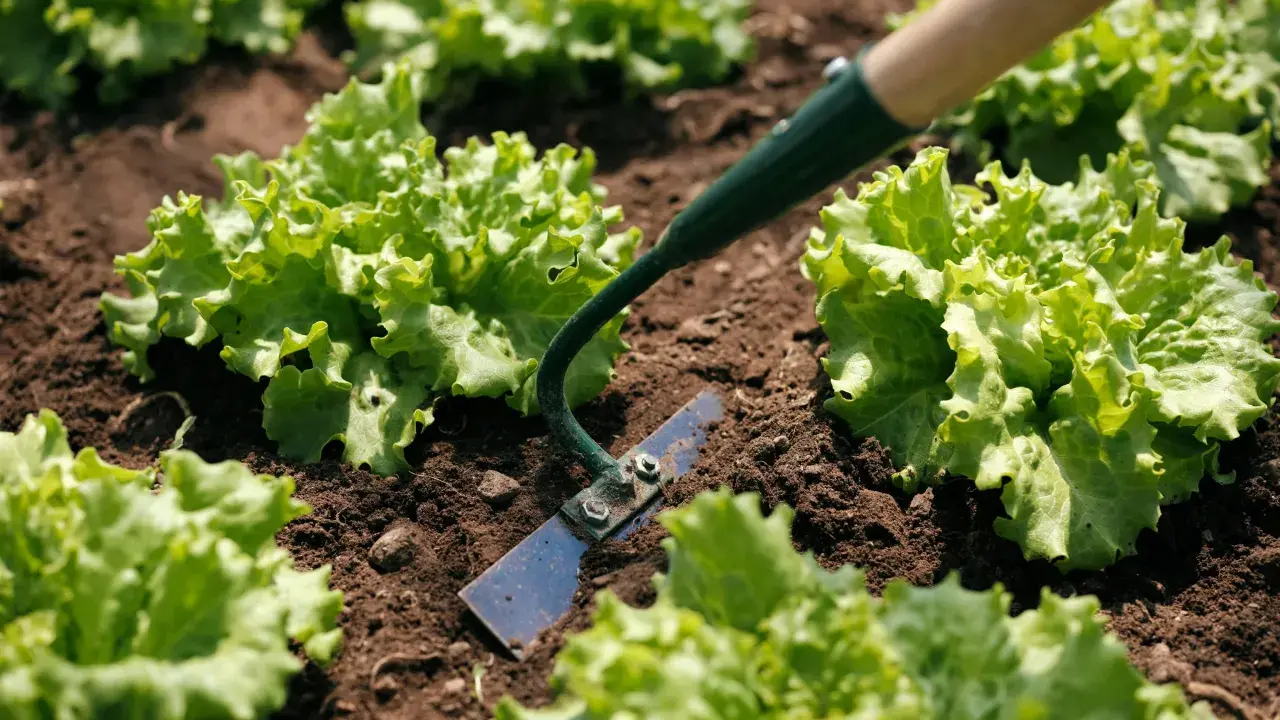 A hoe, one of the essential garden implements, is used to tend to rows of fresh green lettuce growing in dark soil.