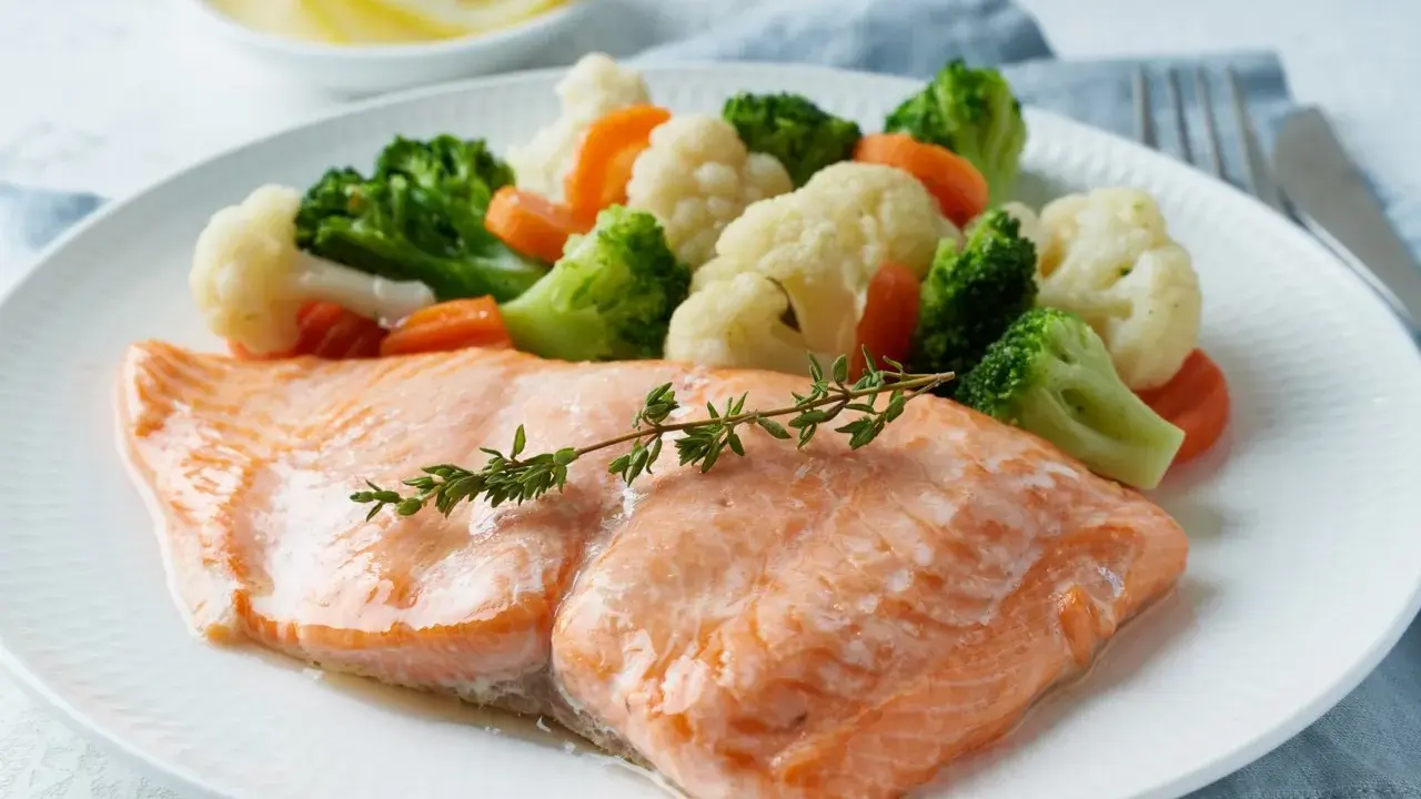 Łosoś z parowanymi warzywami: brokułami, kalafiorem i marchewką. Idealne danie na dietę GAPS.