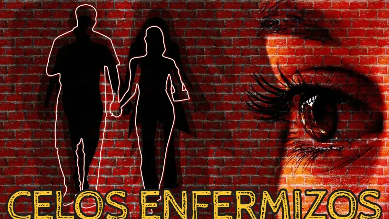 Siluetas de pareja tomadas de la mano, con un ojo vigilante y el texto "CELOS ENFERMIZOS". Sugiere la necesidad de terapia para los celos.