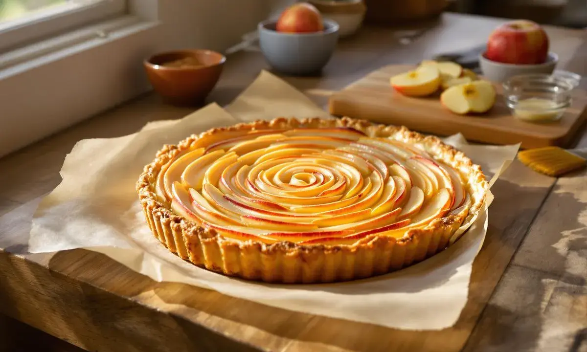 Délicieuse tarte aux pommes en spirale sur une pâte feuilletée dorée, prête à être dégustée.