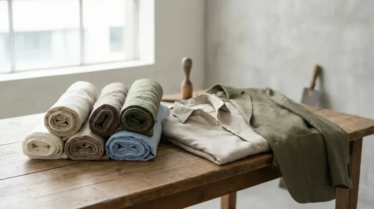 Rolled linen fabrics in natural tones and a linen shirt and jacket, showcasing the beautiful linen source.
