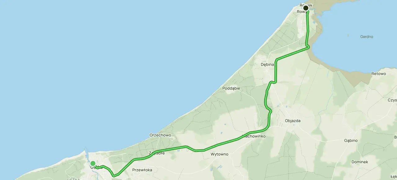 Mapa szlaku zwiniętych torów od Ustki przez Półwysep Helski do Rowów, wzdłuż wybrzeża Bałtyku i jeziora Gardno.