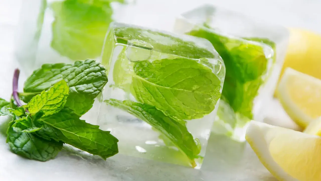 Eiswürfel mit Minze und Zitrone, perfekt zum **Minze einfrieren** für erfrischende Getränke.