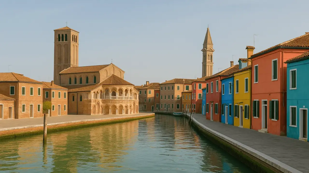 Canal bordé de maisons colorées sur l'île de Burano, avec une église et son clocher en arrière-plan.