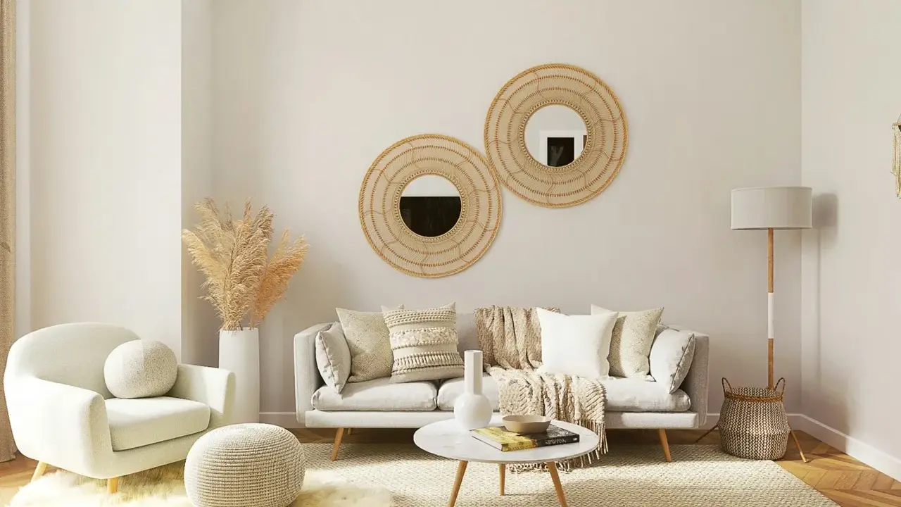 Przytulny, mały pokój inspiracje: jasna sofa, fotele, okrągłe lustra z wikliny, suszone trawy, dywan i lampa.