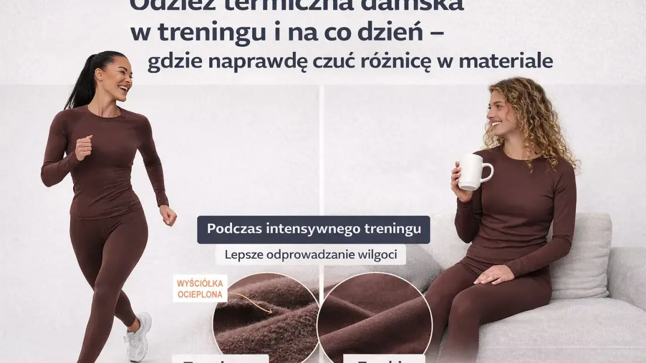 Dwie kobiety w brązowej odzieży termoaktywnej. Jedna biega, druga siedzi z kubkiem. Pokazano, jak działa odzież termoaktywna, odprowadzając wilgoć.
