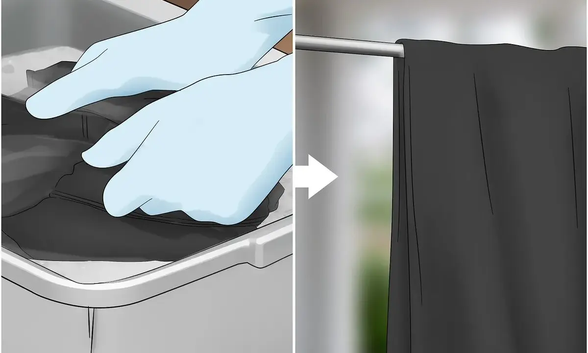 Manos enguantadas sumergen ropa negra en un recipiente, luego la prenda cuelga seca. Proceso para teñir ropa negra.