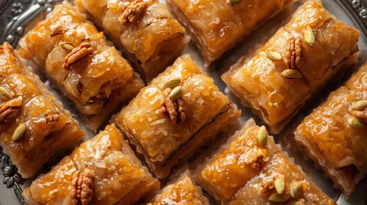 Słodka, złocista baklawa turecka, polana syropem i ozdobiona orzechami włoskimi i pistacjami, kusi swoim wyglądem.