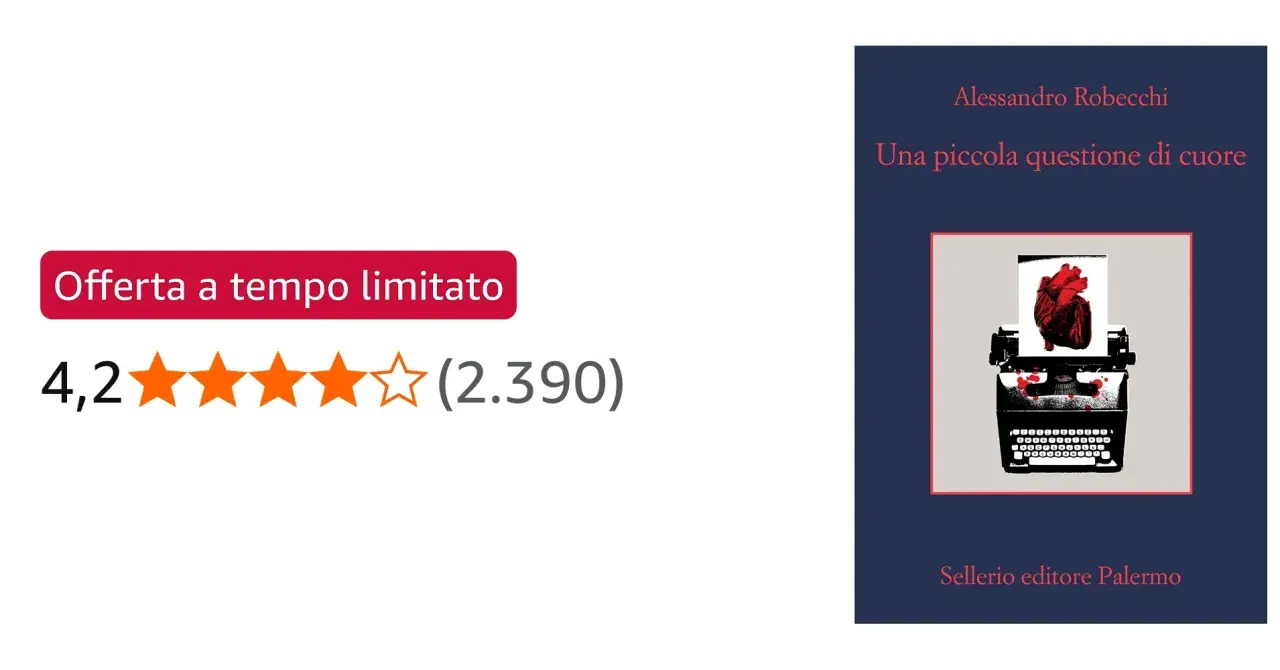 Copertina del libro "Una piccola questione di cuore" di Alessandro Robecchi, con un cuore rosso su una macchina da scrivere. Valutazione 4,2 stelle.