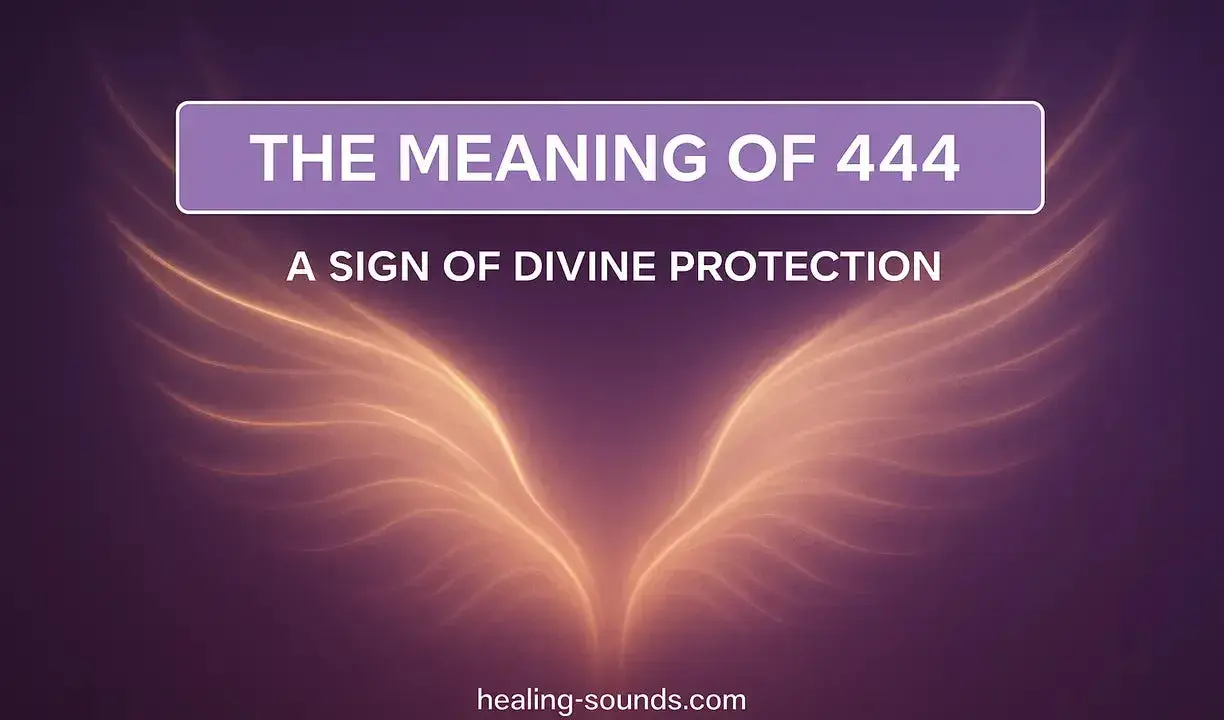 Anielskie skrzydła emanują światłem. Tekst głosi "The Meaning of 444" i "A Sign of Divine Protection". 444 znaczenie to boska ochrona.