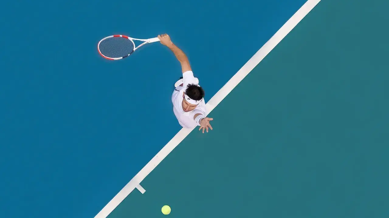 A tennis player in mid-serve, racket raised, on a blue and green court. The white lines of the court are like brad walls, guiding the game.