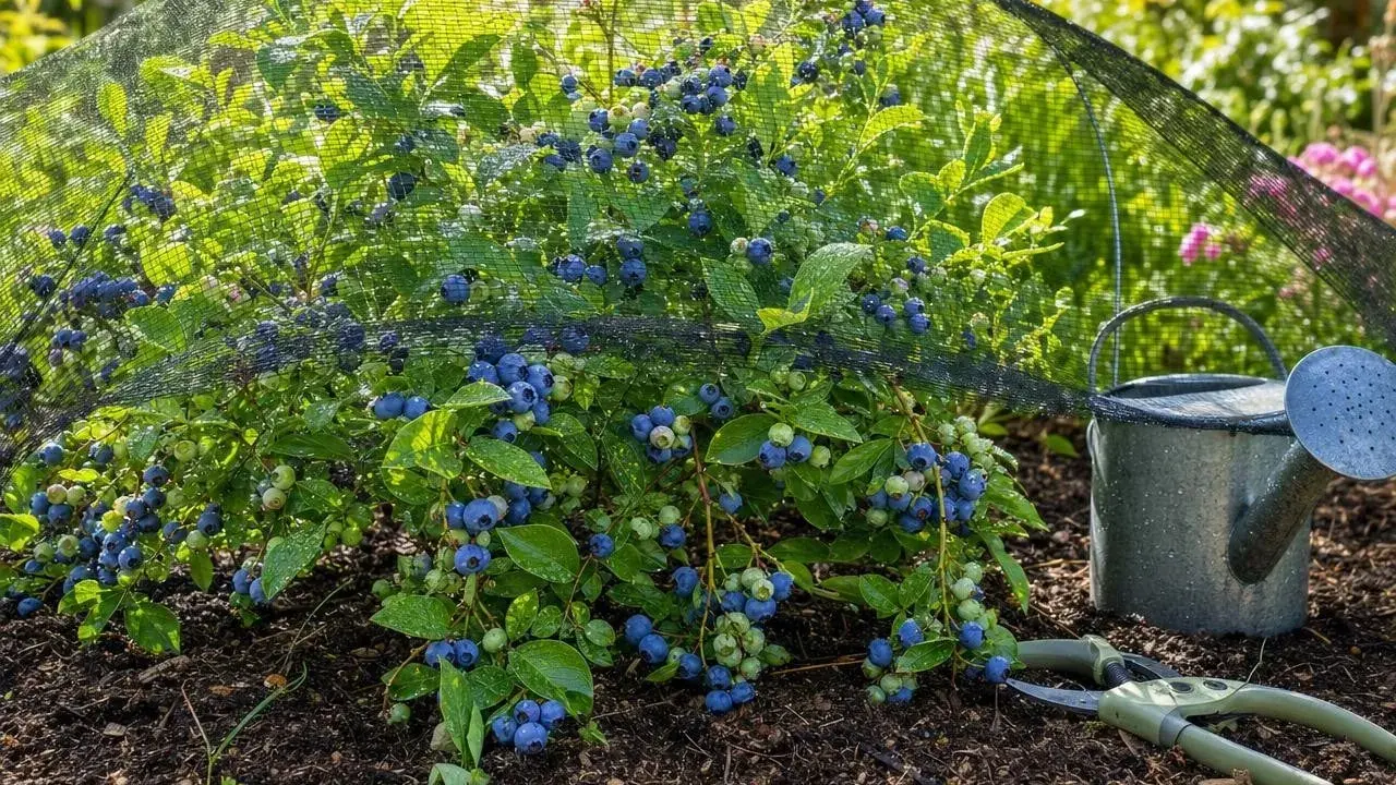 Un buisson de myrtilles couvert d'un filet protecteur, avec des baies bleues et vertes. Un arrosoir et un sécateur sont à proximité, prêts pour l'entretien de la bruyère qui sèche.
