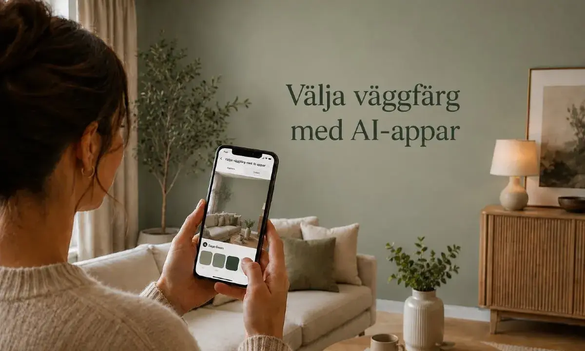 En person använder en app för att välja väggfärg i sitt hem, perfekt för din blogg inredning.