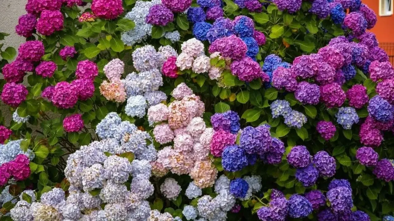 En frodig hortensia med blommor i nyanser av rosa, lila och blått. Denna hortensia trivs i väldränerad jord.