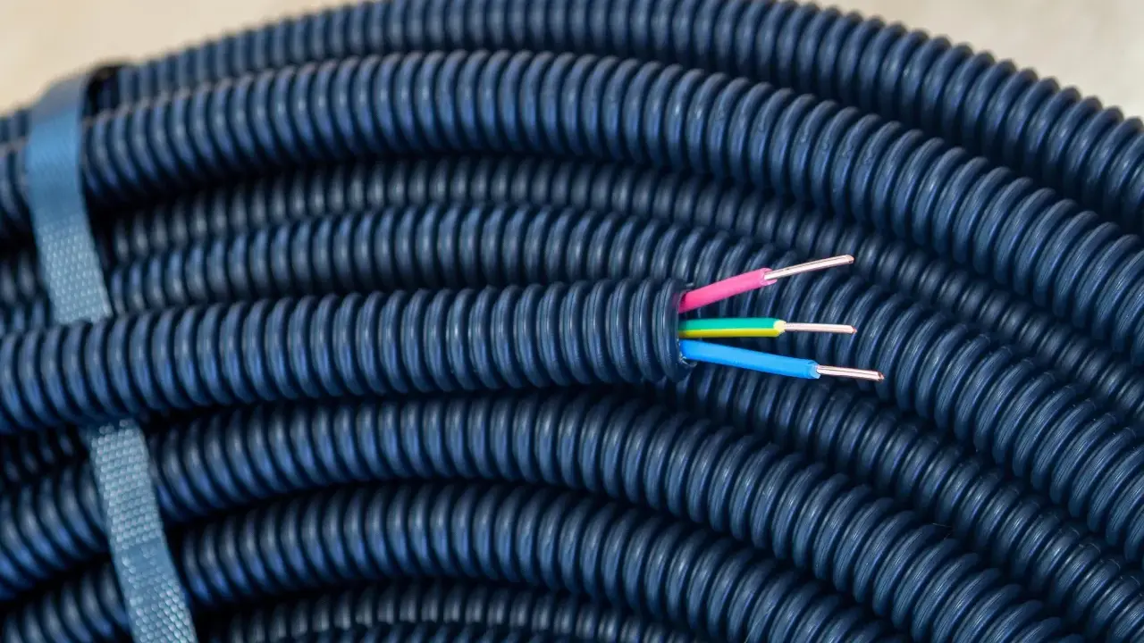 Gaine électrique bleue enroulée, prête pour une installation dans le jardin. Trois fils colorés (rose, jaune, bleu) émergent de son extrémité, suggérant la profondeur de son utilité.