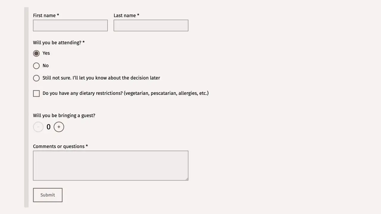 Formularz RSVP: wpisz imię, nazwisko, wybierz "Tak" lub "Nie" na pytanie "Czy będziesz obecny?", podaj liczbę gości i uwagi. Jak napisać potwierdzenie przybycia.