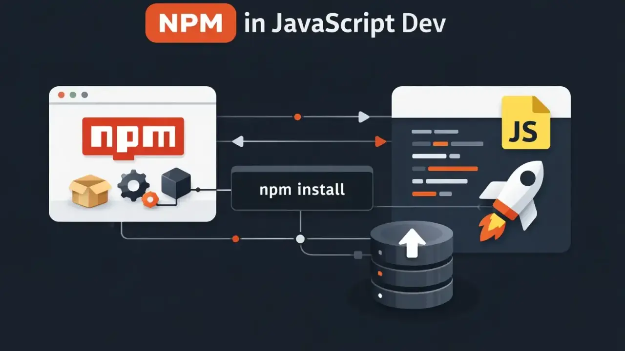 Diagram przedstawia proces instalacji pakietów w JavaScript, gdzie npm save dev pozwala na dodawanie zależności.