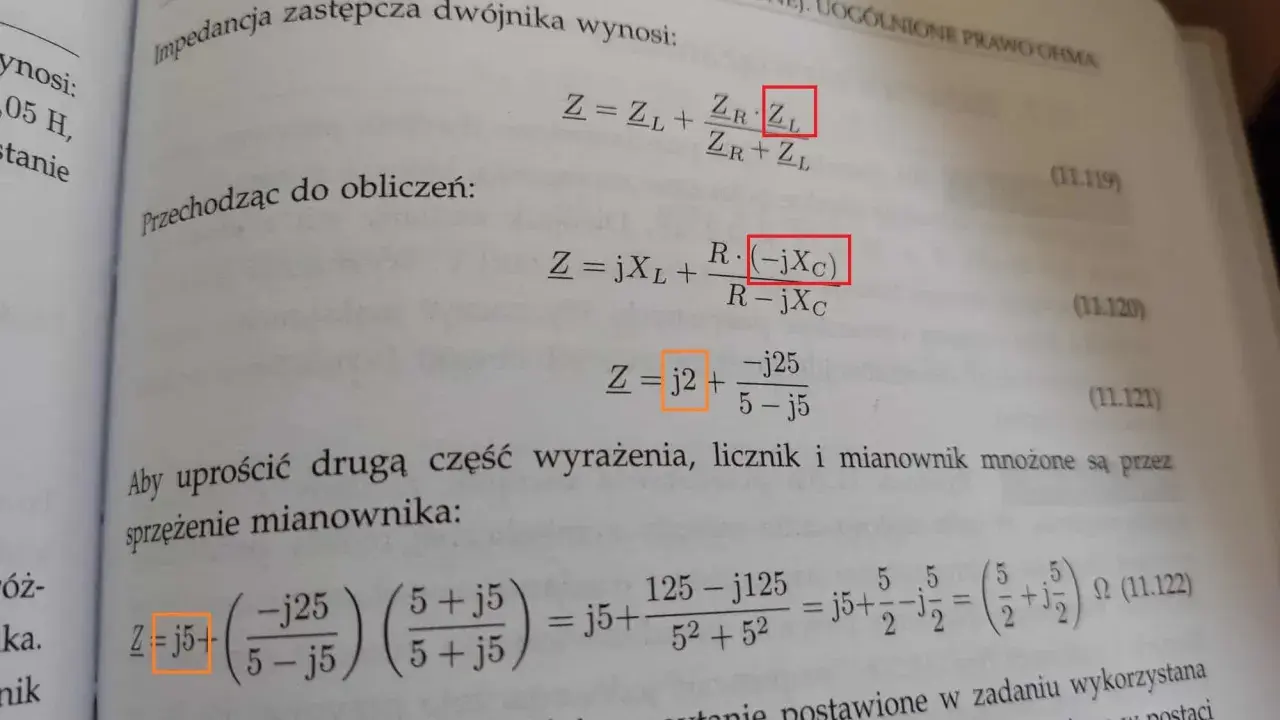 Obliczenia pokazują, co to jest impedancja zespolona, używając wzorów i przekształceń matematycznych.