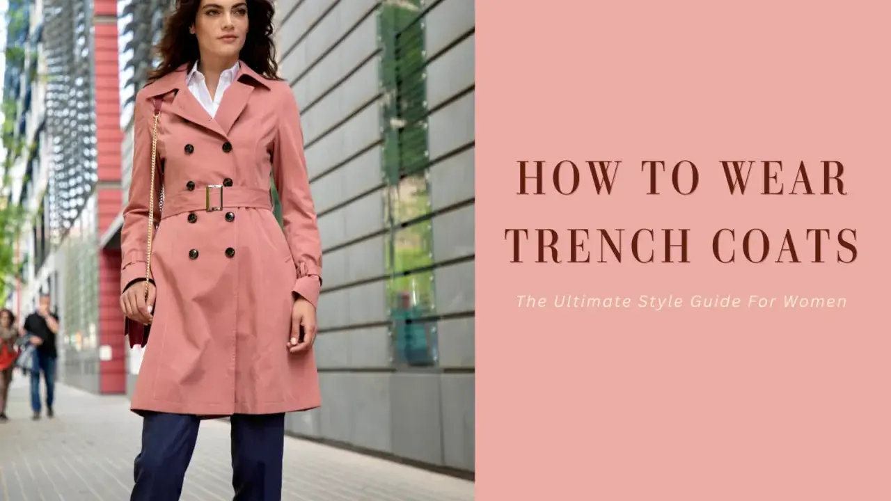 Modello elegante mostra come indossare il trench donna con stile, abbinato a pantaloni blu e camicia bianca.