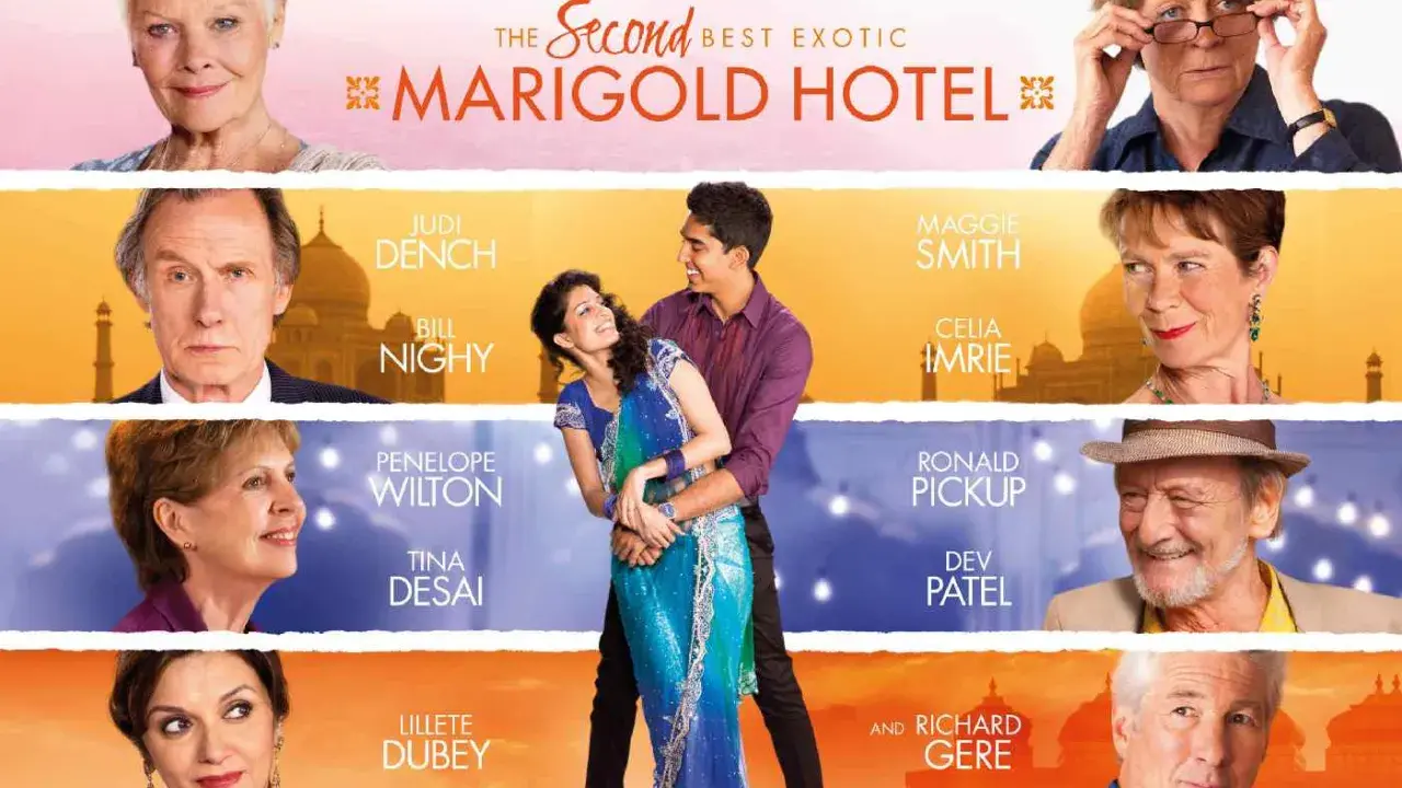 Plakat filmu "The Second Best Exotic Marigold Hotel" z gwiazdami, idealny dla miłośników kina dla seniorów.