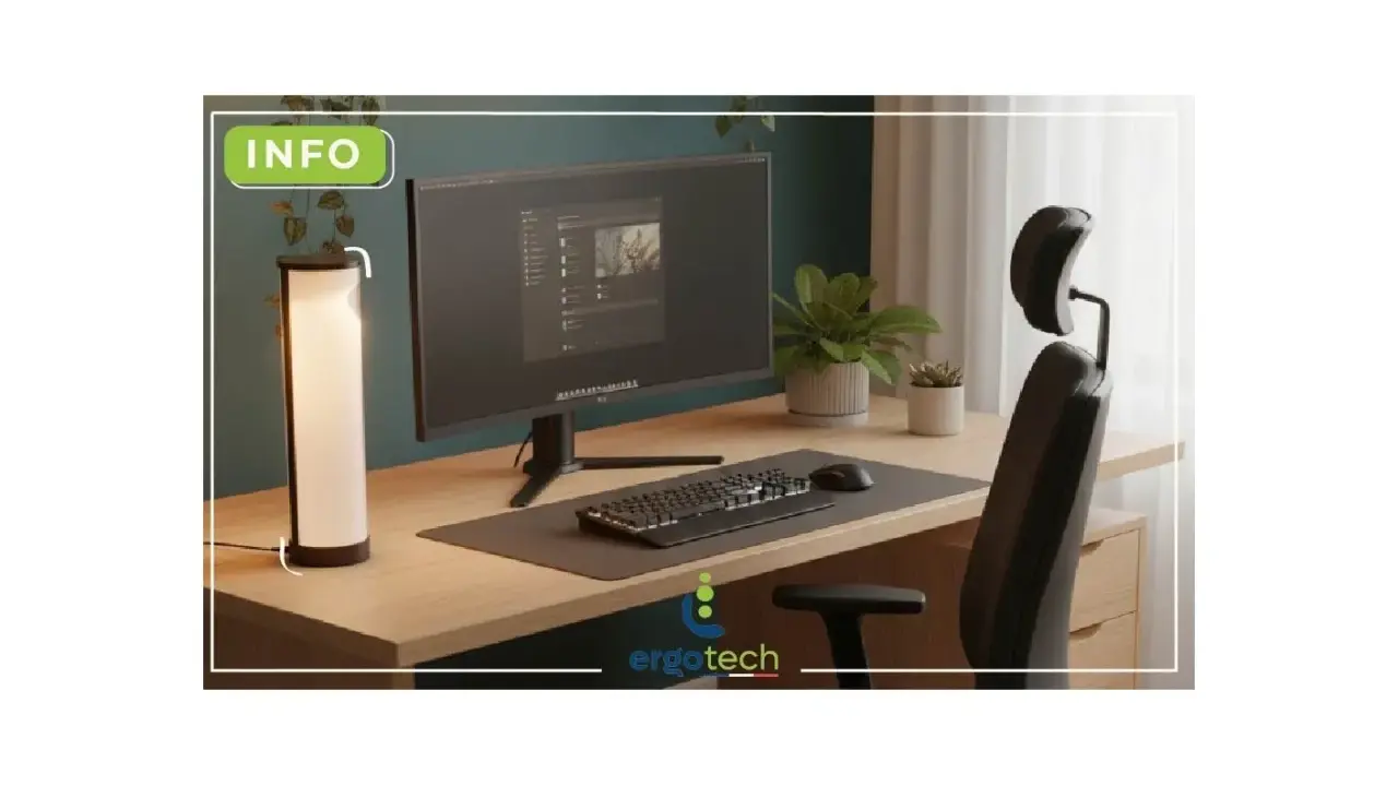 Bureau moderne avec écran, clavier, souris, lampe et chaise ergonomique. L'éclairage ambiant assure un excellent indice de rendu des couleurs pour le travail.