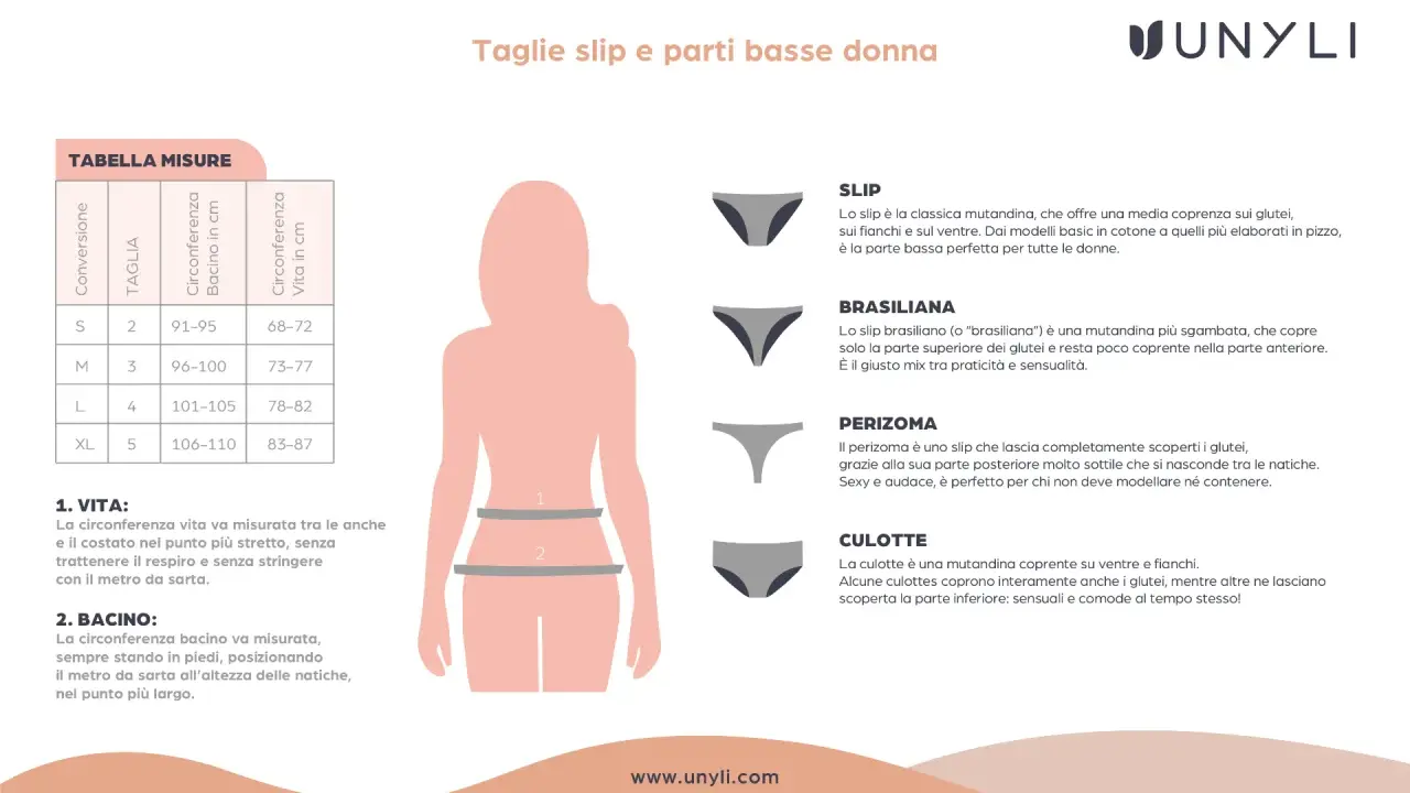 Tabella misure per slip donna: circonferenza vita e bacino. Trova la tua taglia perfetta per un comfort ottimale.