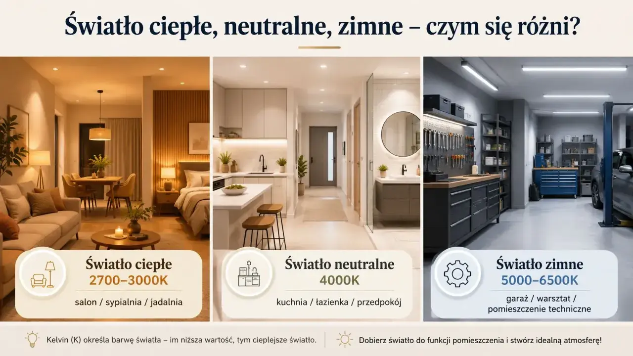 Trzy wnętrza: salon z ciepłym światłem (2700-3000K), kuchnia z neutralnym (4000K) i warsztat z zimnym (5000-6500K). Temperatura światła dziennego wpływa na atmosferę.