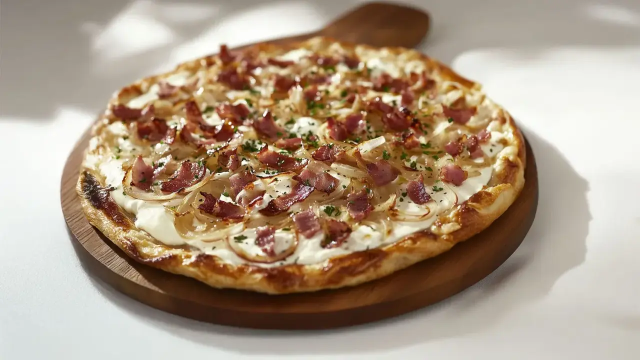 Flammekueche garnie d'oignons et de lardons, un accompagnement parfait pour un repas convivial.