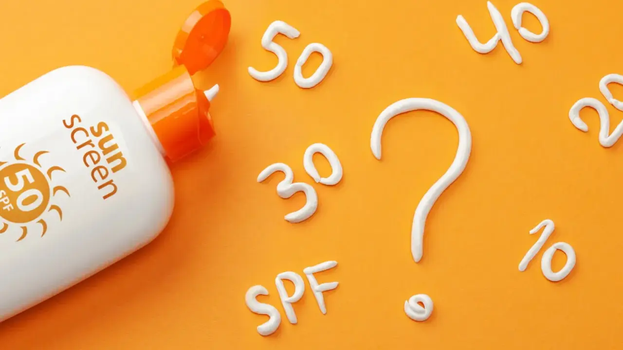 Flacon de crème solaire SPF 50 ouvert, avec des chiffres (30, 40, 20, 10) et un point d'interrogation formés en crème. Quel indice choisir ?